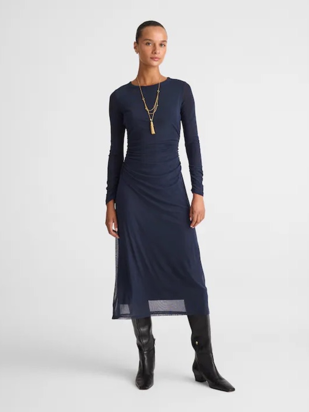 Long Sleeve Navy Ruched Midi Dress